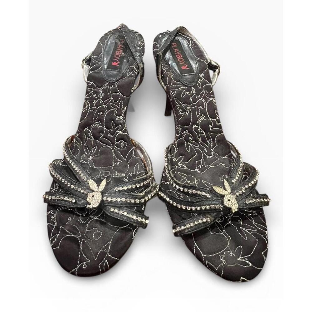 Playboy Y2K Slingback Stiletto Heels Black Jacquard Rhinestone 7 / 40